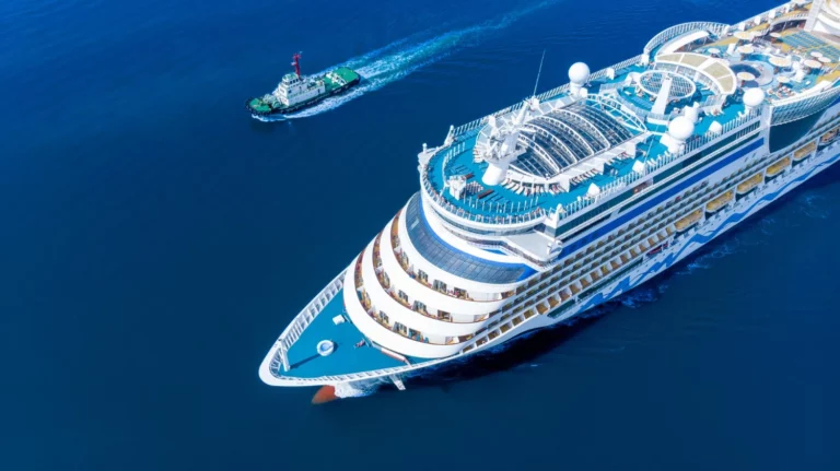 aerial view beautiful white cruise ship luxury cruise running with tug boat ocean sea concept tourism travel holiday take vacation time summer